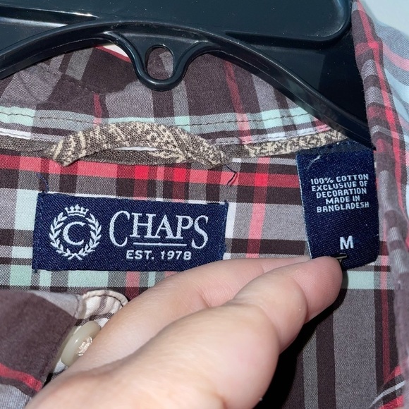 Chaps Short Sleeve Plaid Button Down Cotton Shirt Size Medium - Picture 2 of 6